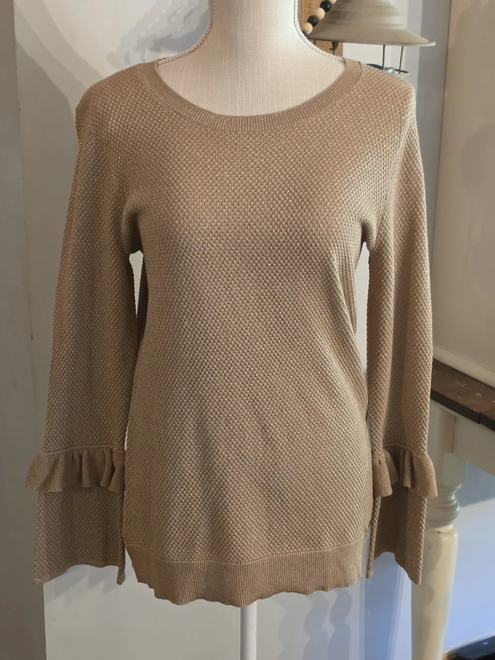 Michael Kors Gold Ruffle-Sleeve Crewneck Sweater